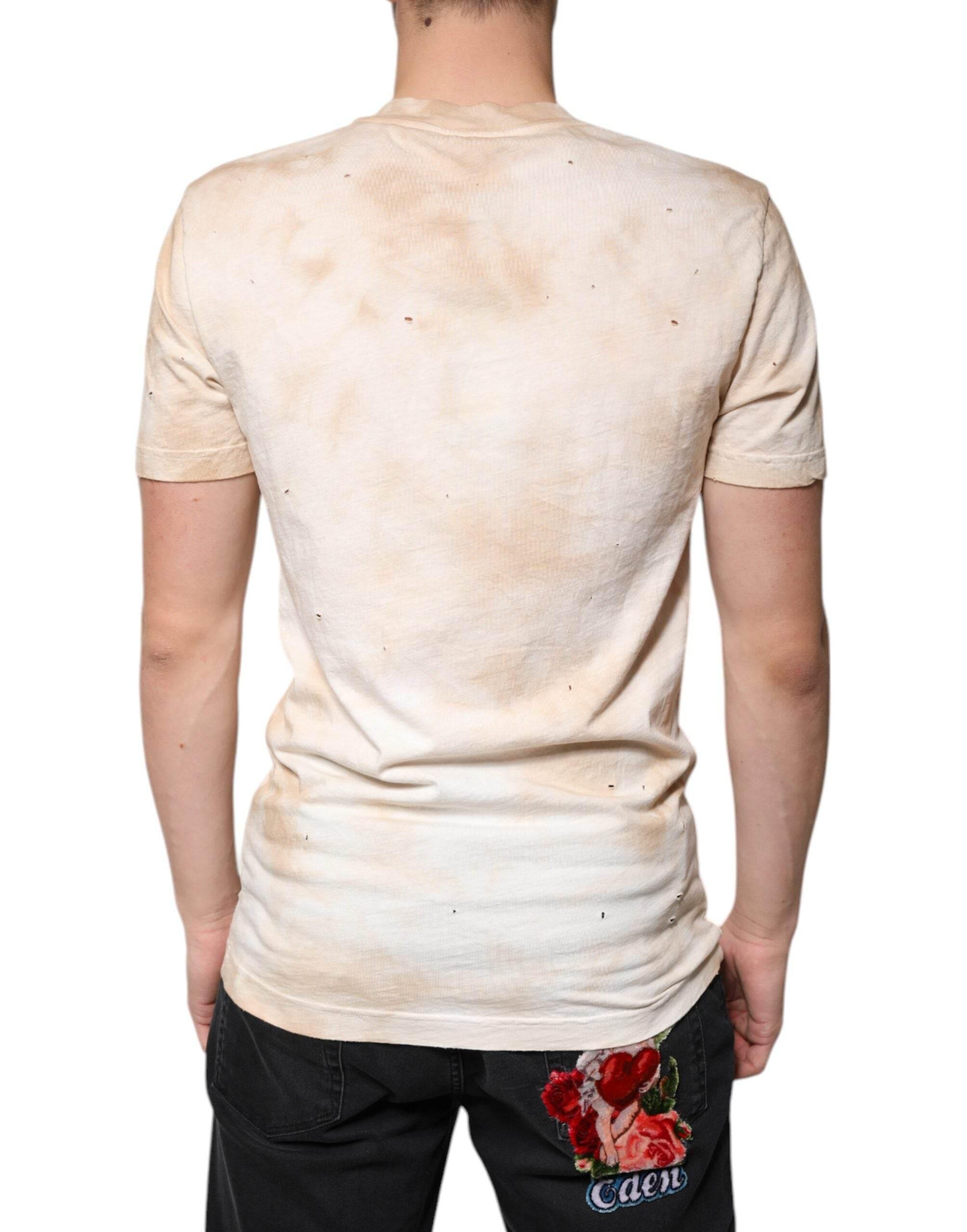 Dolce & Gabbana Beige Graphic Print Cotton V-neck T-shirt - Hilstor
