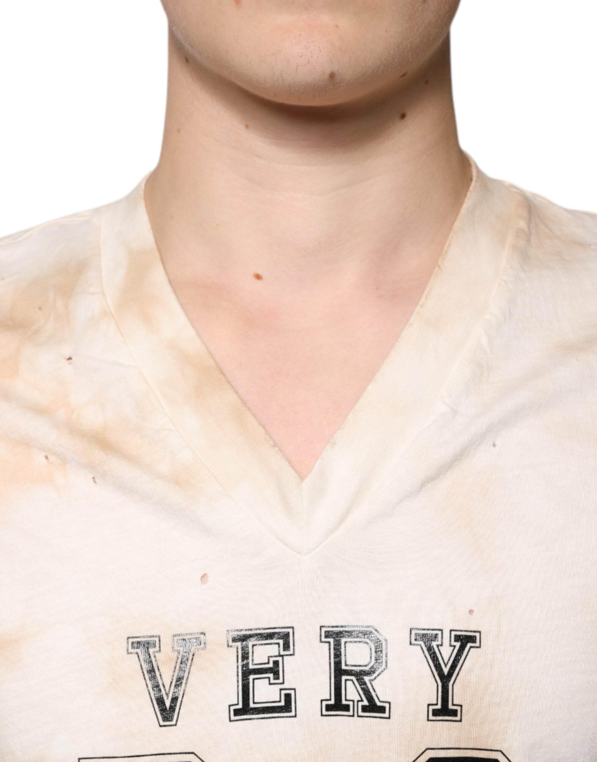 Dolce & Gabbana Beige Graphic Print Cotton V-neck T-shirt - Hilstor