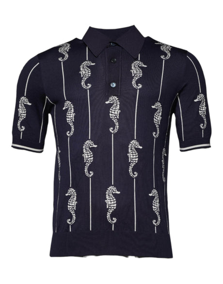 Dolce & Gabbana Dark Blue Sea Horse Collared Polo T-shirt - Hilstor