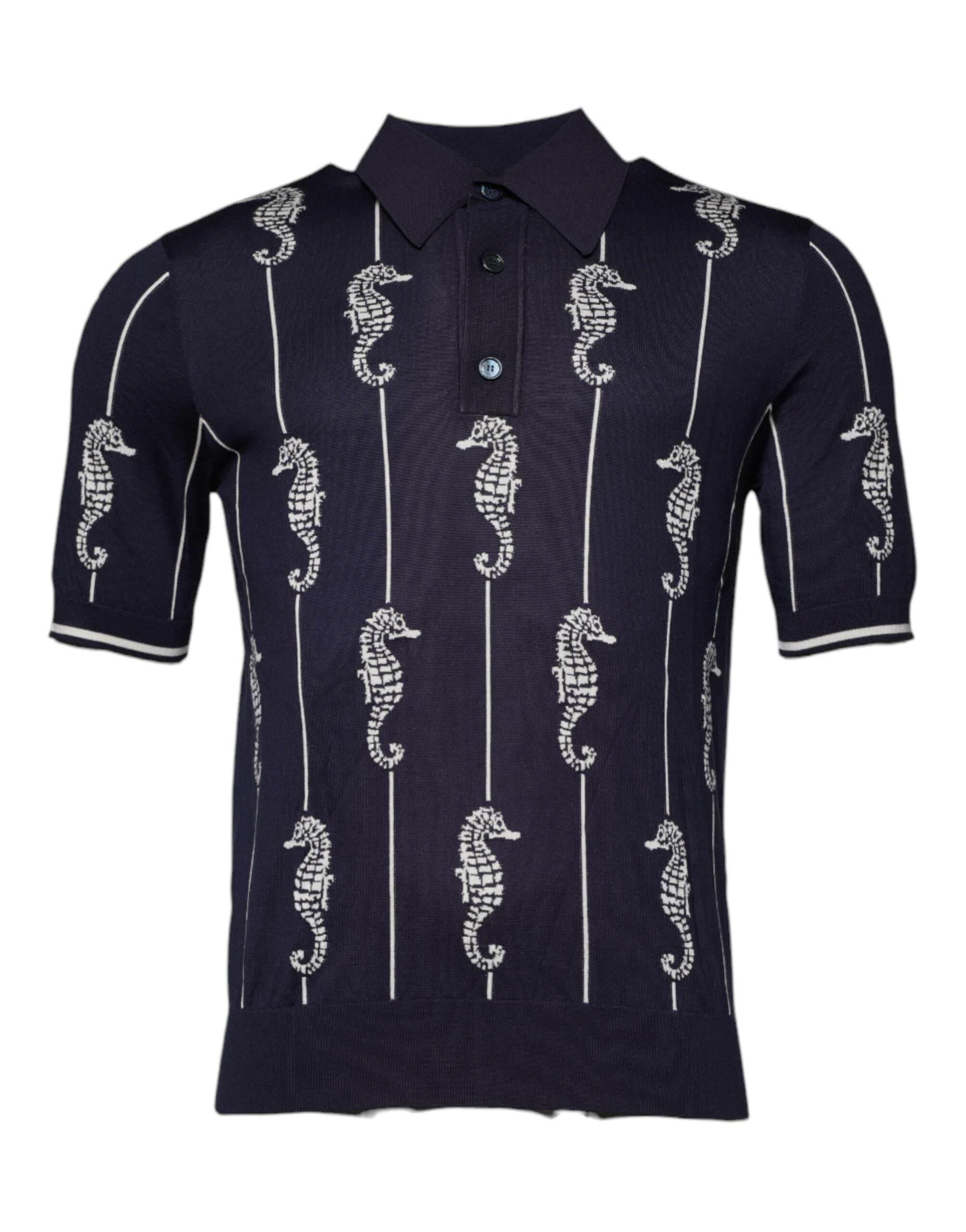 Dolce & Gabbana Dark Blue Sea Horse Collared Polo T-shirt - Hilstor