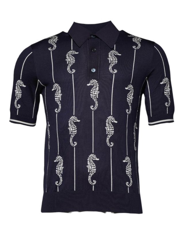 Dolce & Gabbana Dark Blue Sea Horse Collared Polo T-shirt - Hilstor