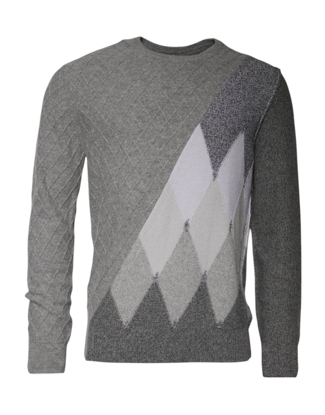 Ballantyne Gray Cashmere Argyle Intarsia Knit Crew Neck Sweater - Hilstor