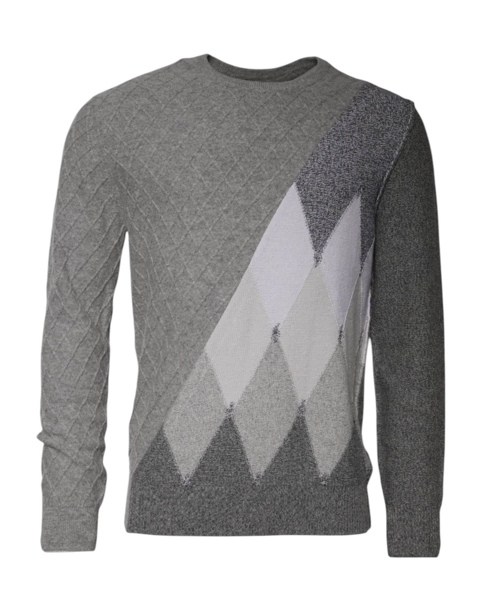 Ballantyne Gray Cashmere Argyle Intarsia Knit Crew Neck Sweater - Hilstor