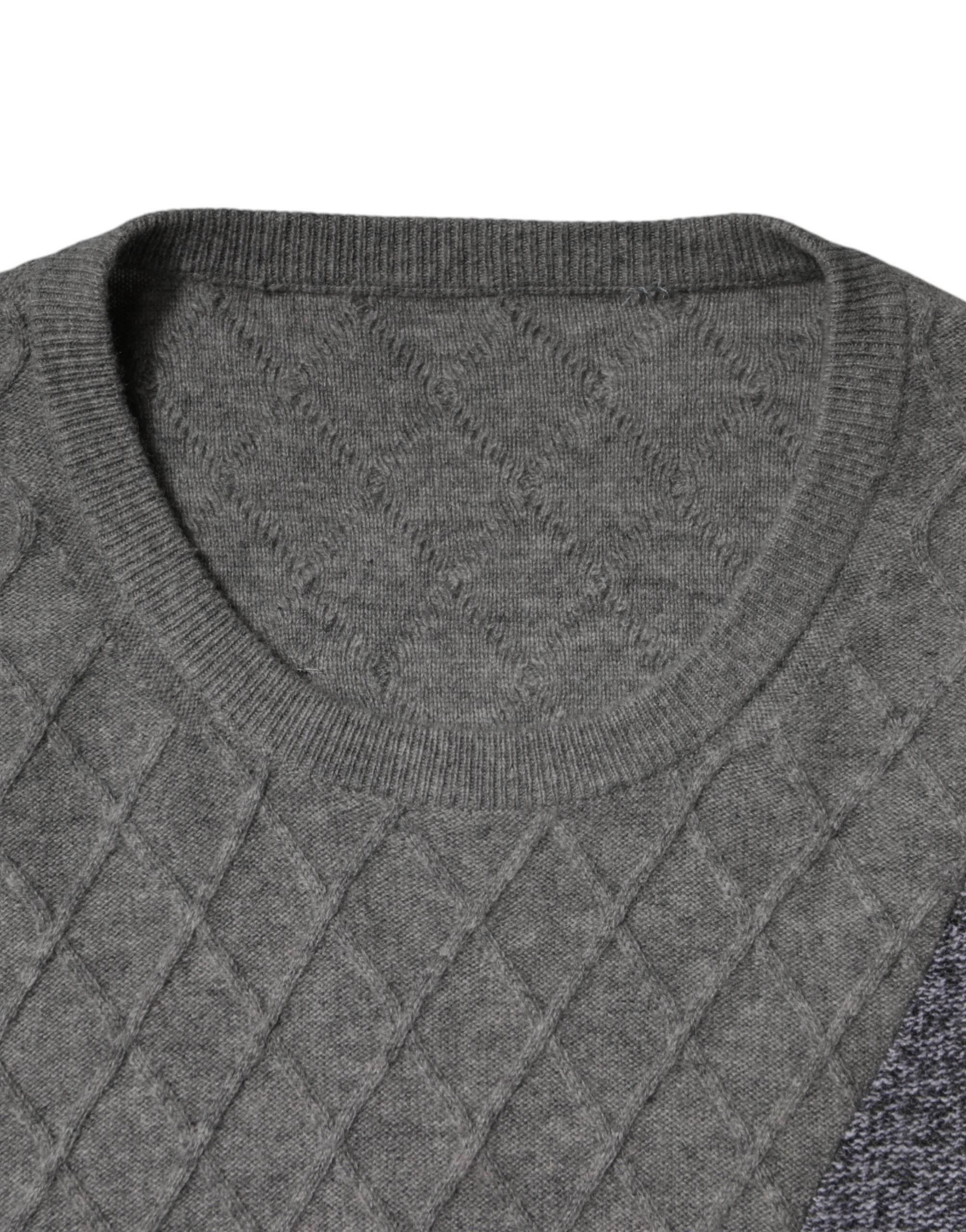 Ballantyne Gray Cashmere Argyle Intarsia Knit Crew Neck Sweater - Hilstor