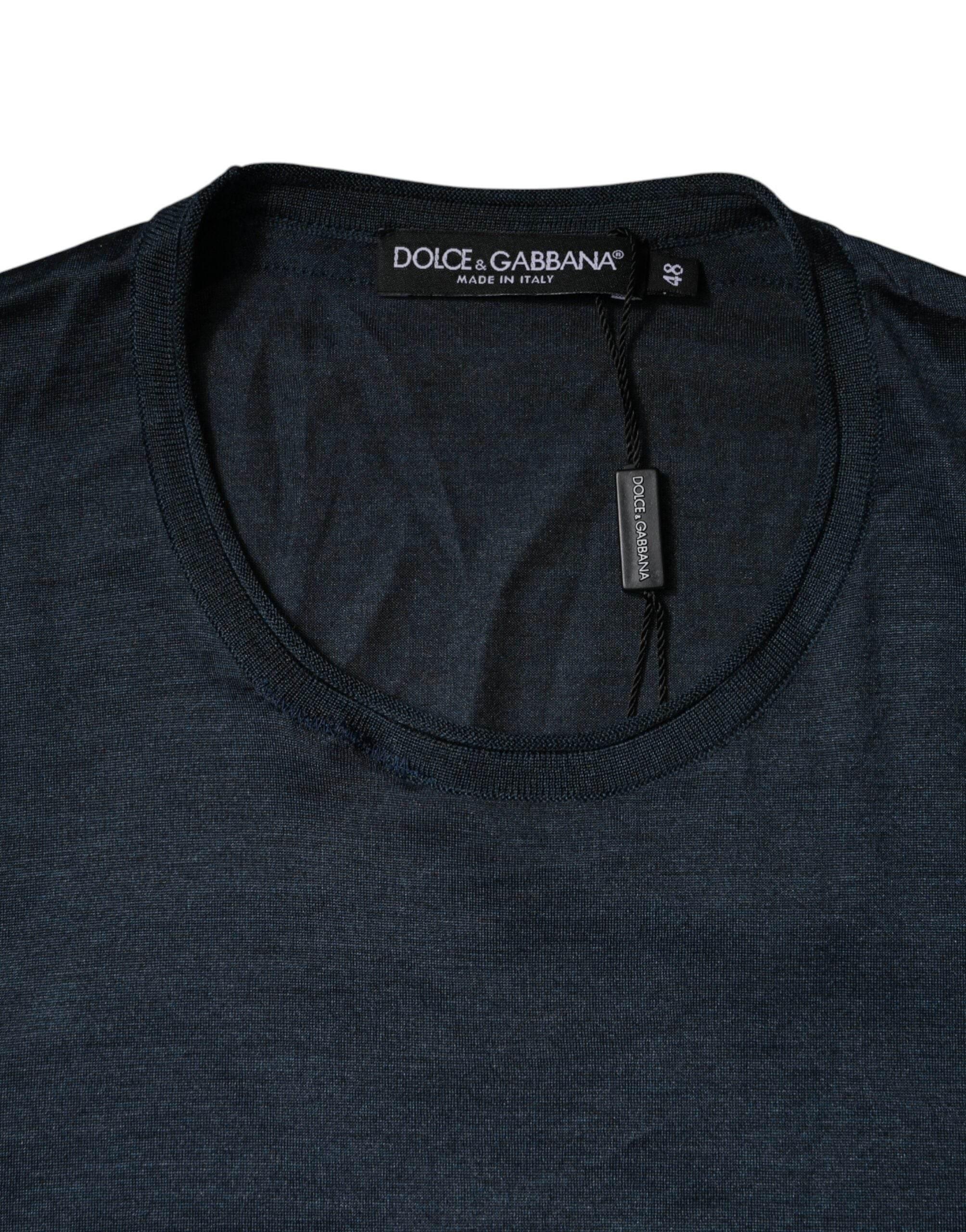 Dolce & Gabbana Dark Blue Silk Crew Neck Short Sleeve T-shirt - Hilstor