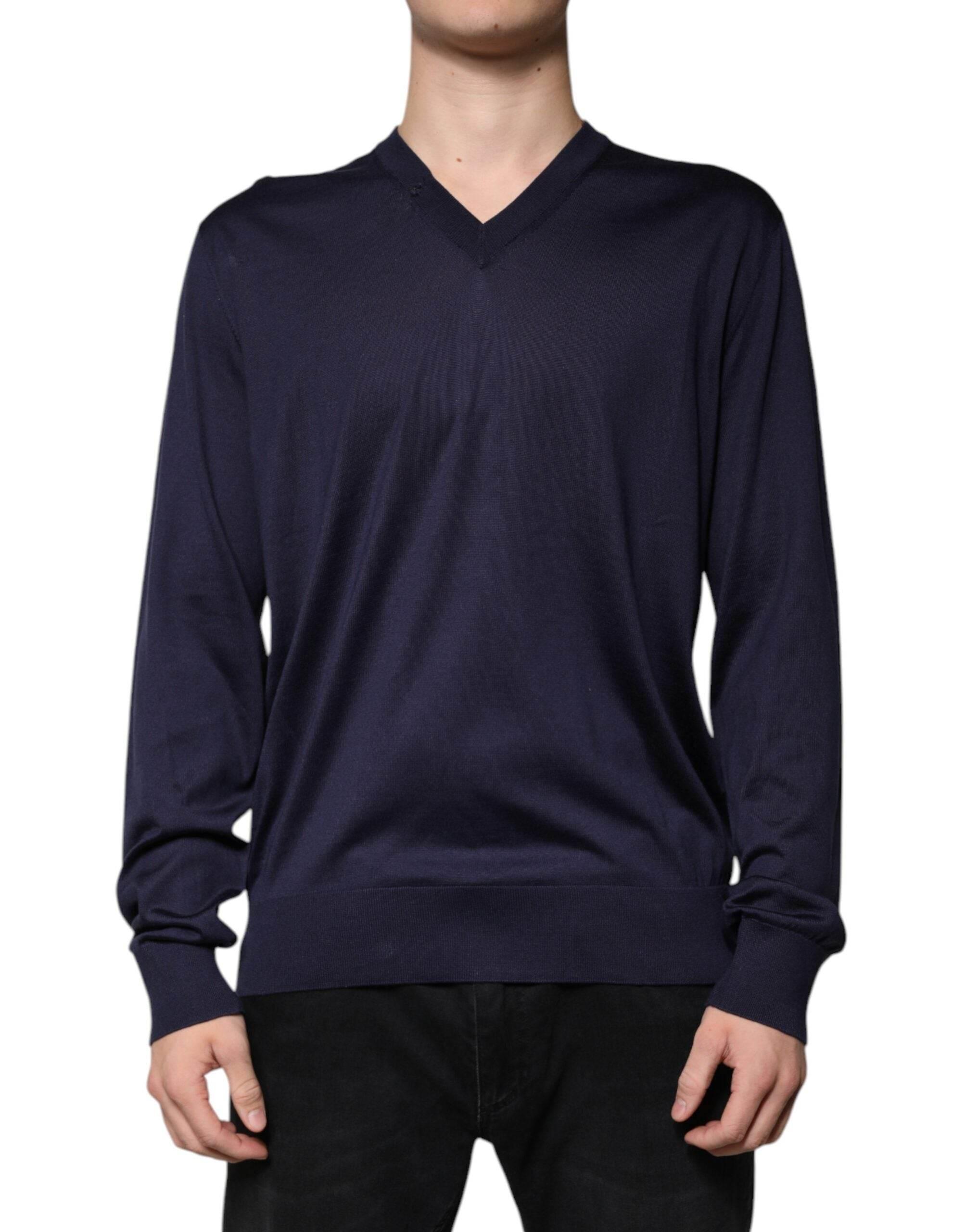 Dolce & Gabbana Navy Blue Silk V-neck Pullover Sweater - Hilstor