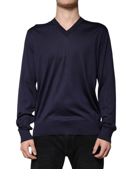 Dolce & Gabbana Navy Blue Silk V-neck Pullover Sweater - Hilstor