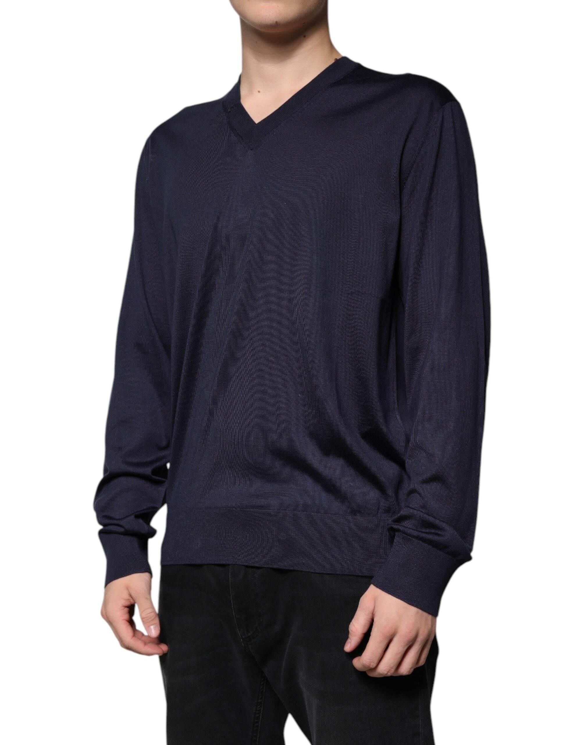 Dolce & Gabbana Navy Blue Silk V-neck Pullover Sweater - Hilstor