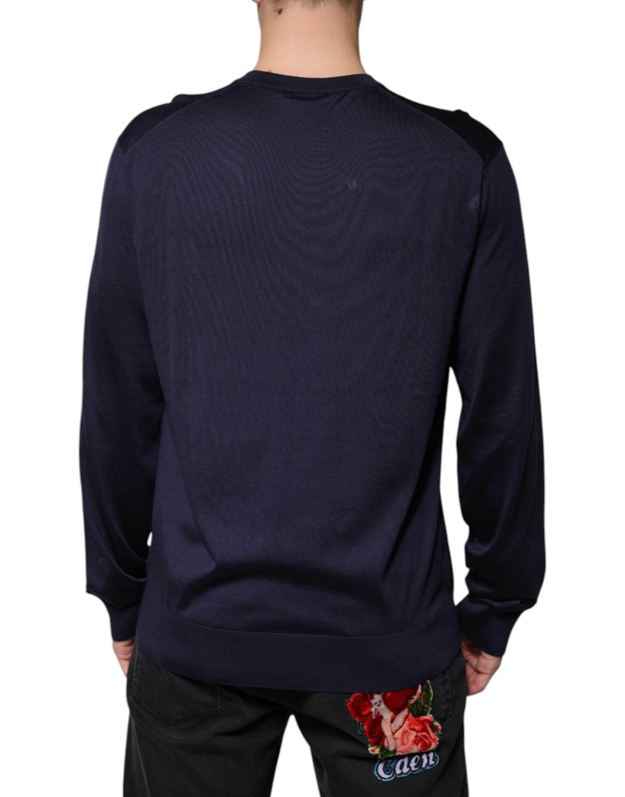 Dolce & Gabbana Navy Blue Silk V-neck Pullover Sweater - Hilstor