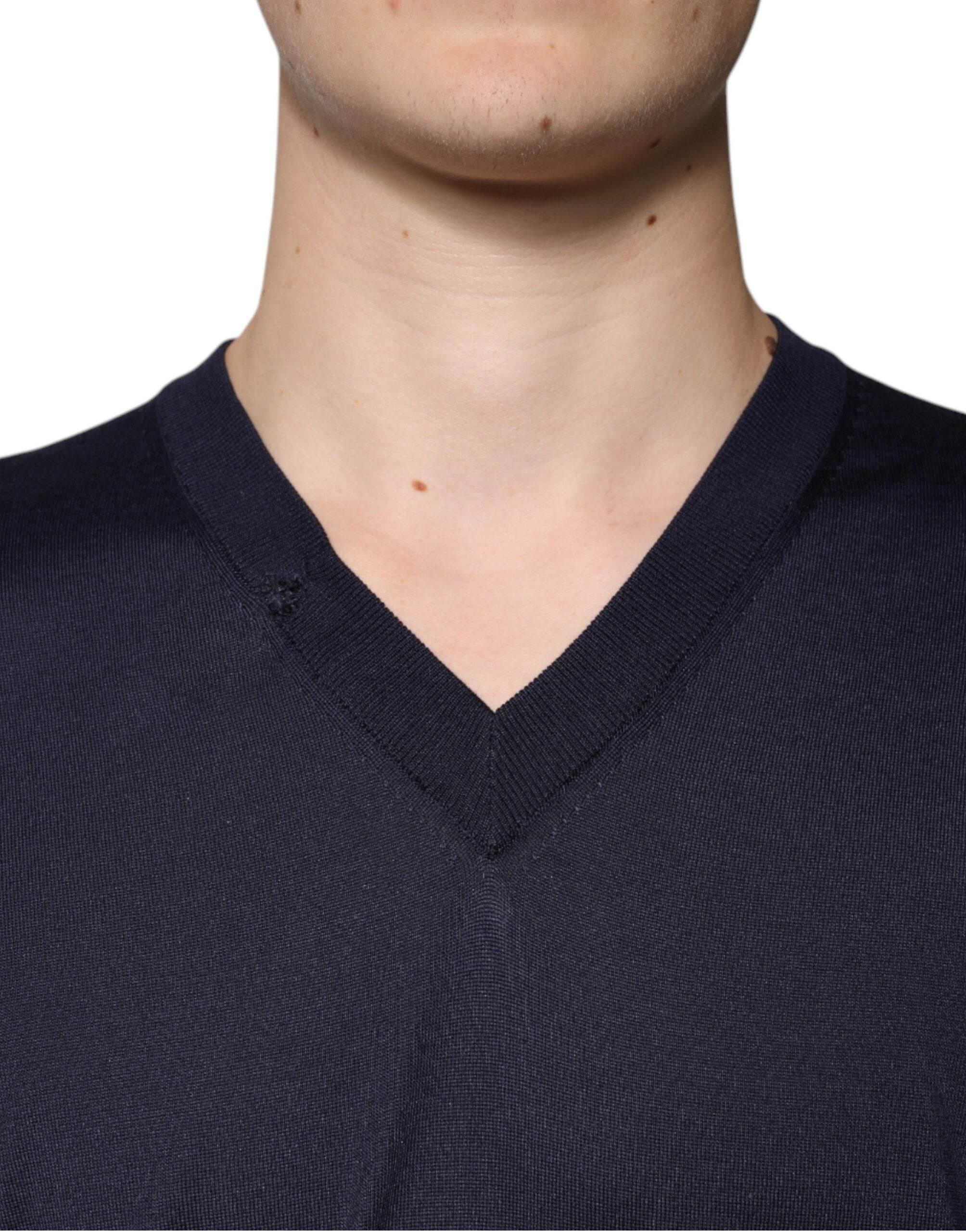 Dolce & Gabbana Navy Blue Silk V-neck Pullover Sweater - Hilstor