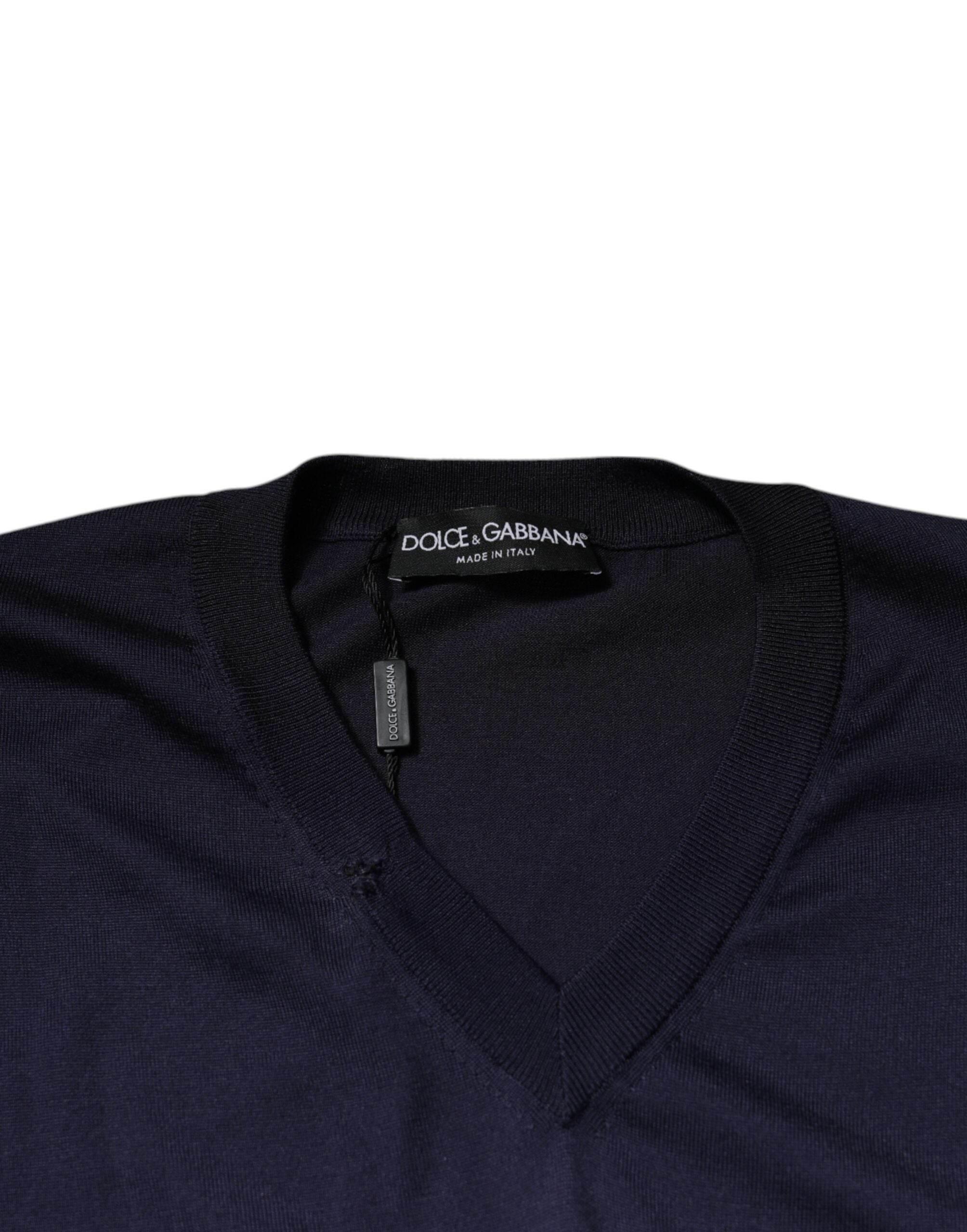 Dolce & Gabbana Navy Blue Silk V-neck Pullover Sweater - Hilstor