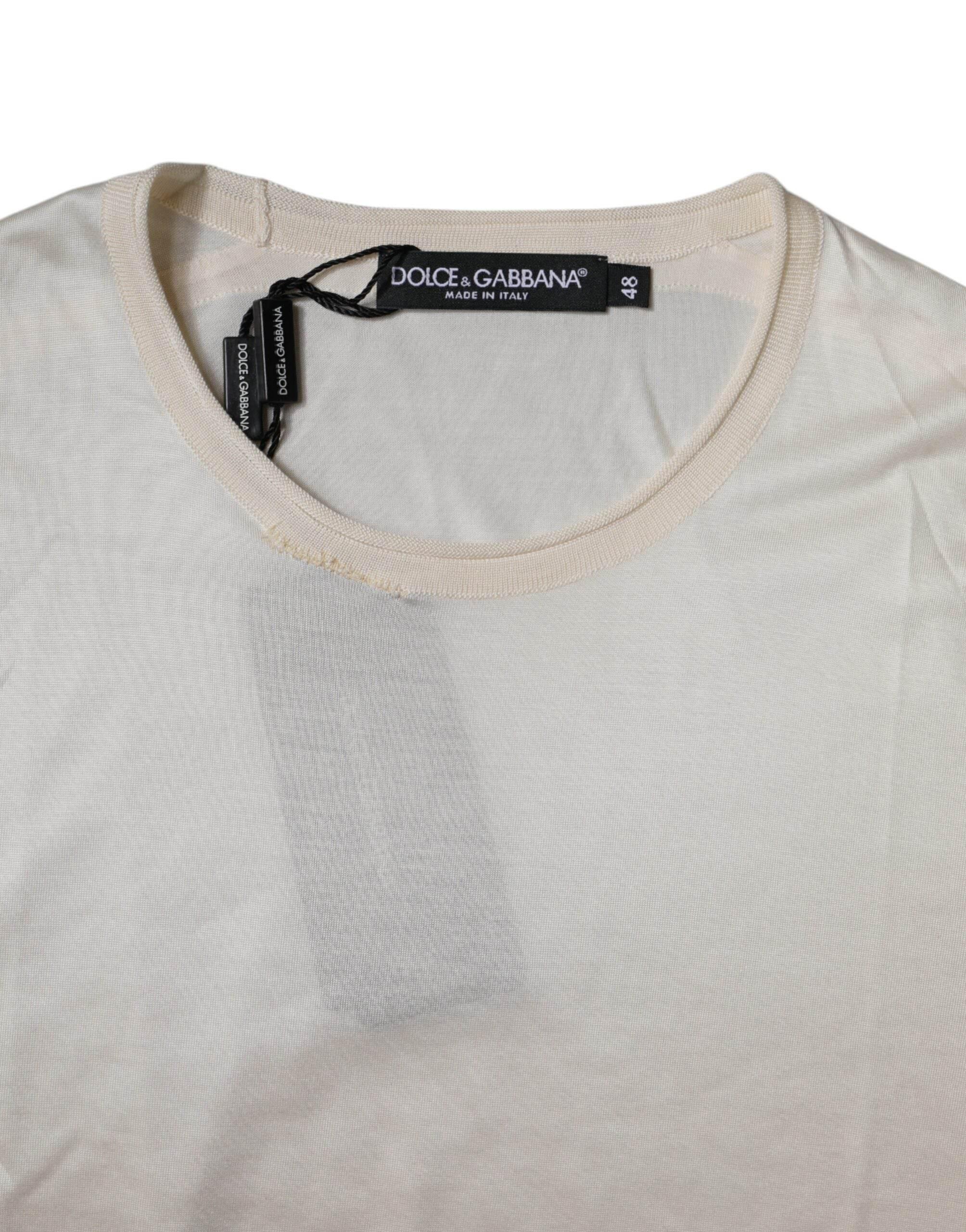 Dolce & Gabbana Off White Silk Crew Neck Short Sleeve T-shirt - Hilstor