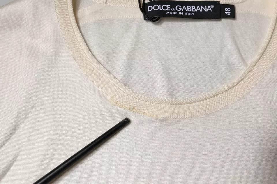 Dolce & Gabbana Off White Silk Crew Neck Short Sleeve T-shirt - Hilstor