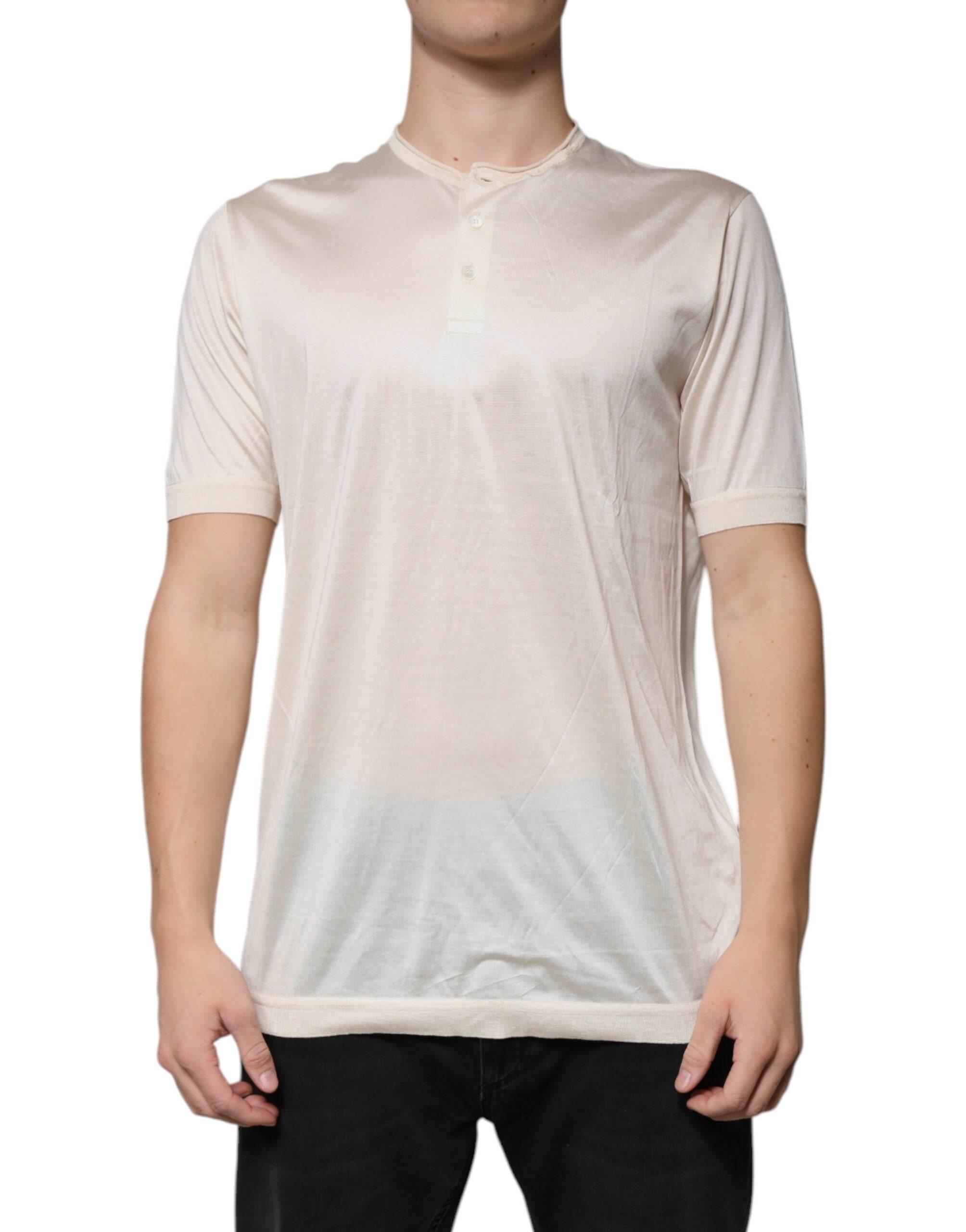 Dolce & Gabbana Off White Silk Crew Neck Henley T-shirt - Hilstor