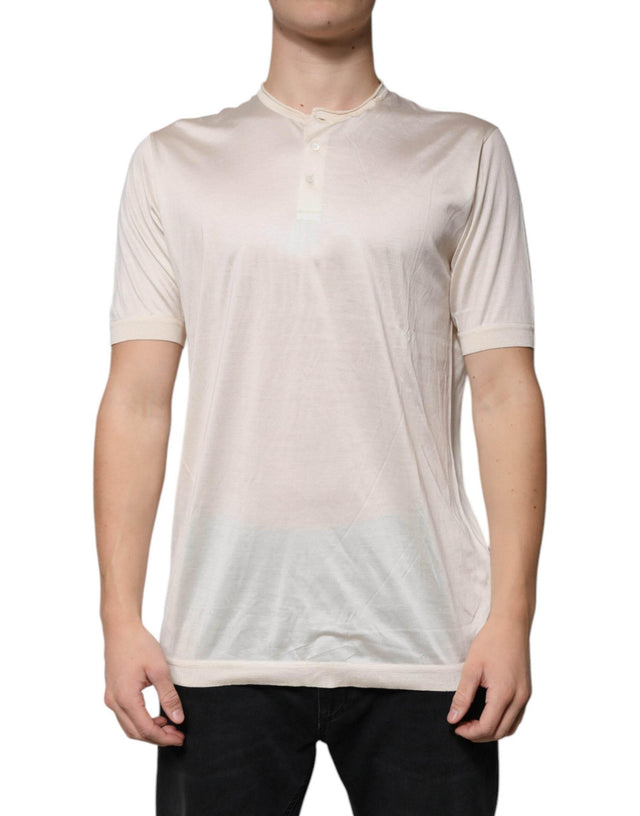 Dolce & Gabbana Off White Silk Crew Neck Henley T-shirt - Hilstor