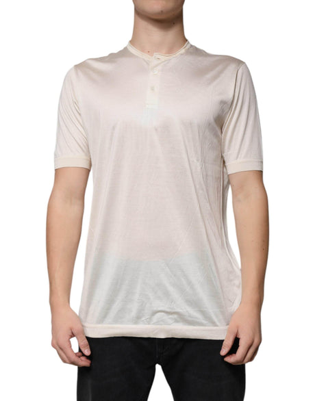Dolce & Gabbana Off White Silk Crew Neck Henley T-shirt - Hilstor