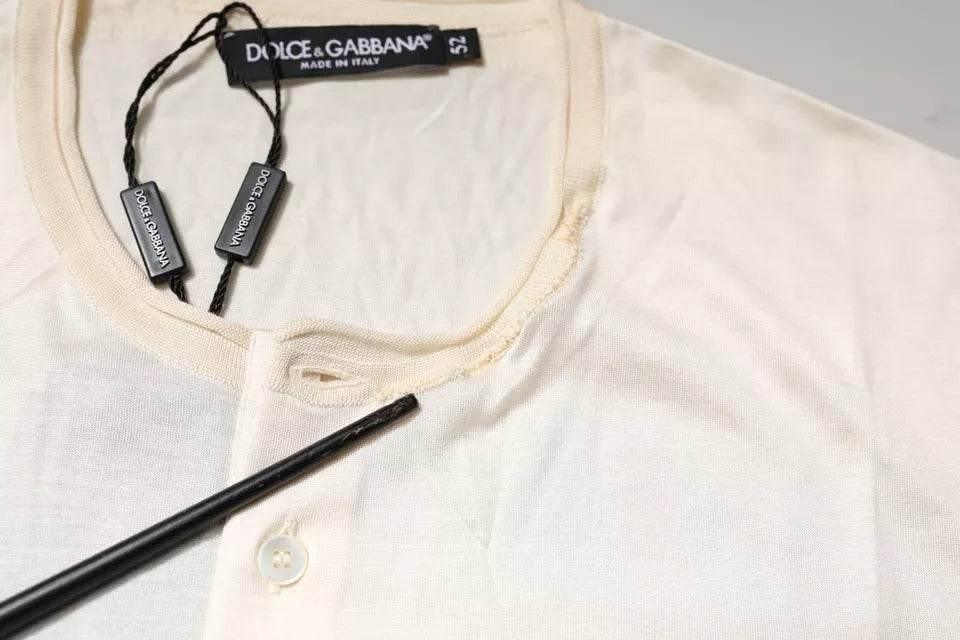 Dolce & Gabbana Off White Silk Crew Neck Henley T-shirt - Hilstor