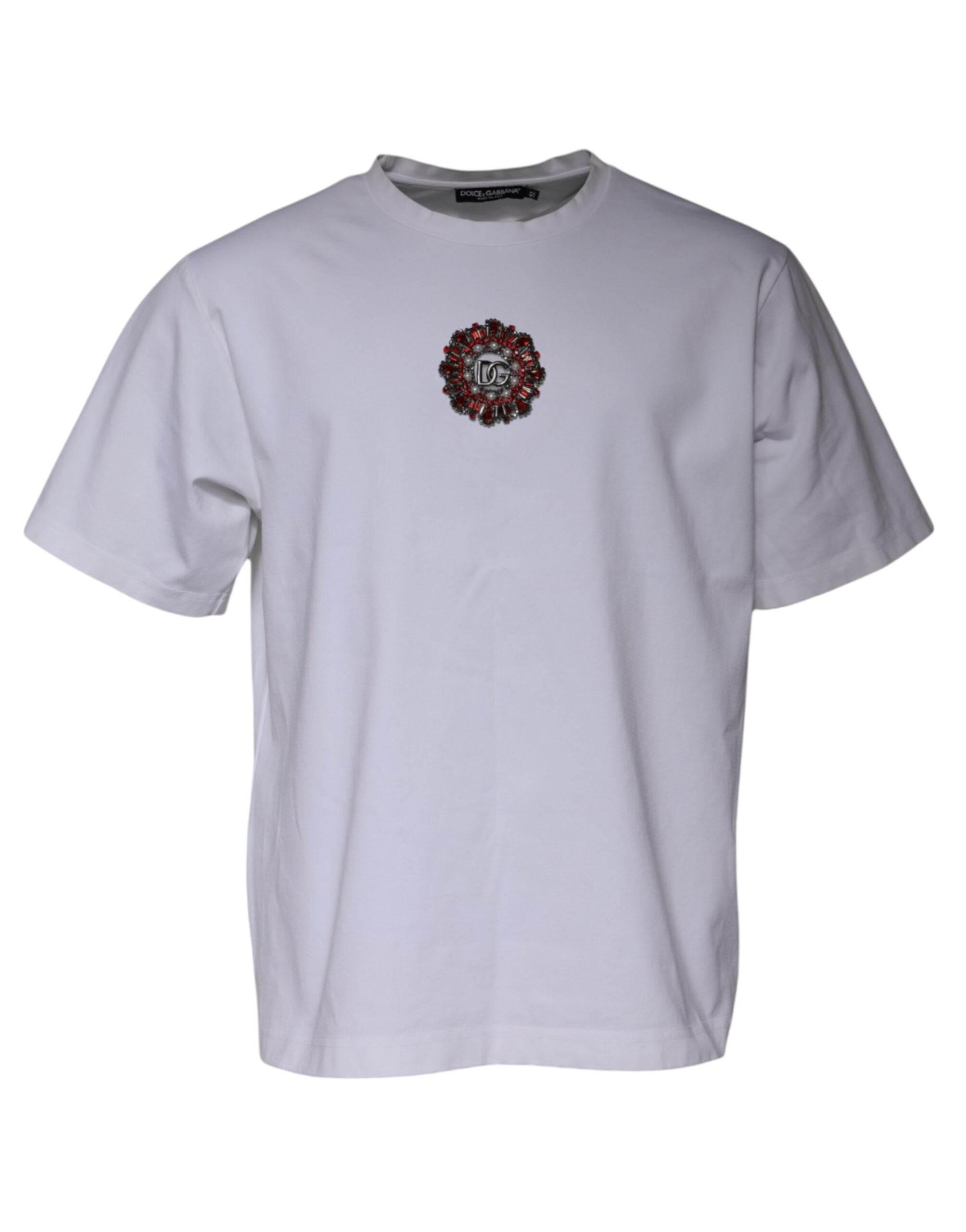 Dolce & Gabbana White Logo Embellished Crew Neck T-shirt - Hilstor