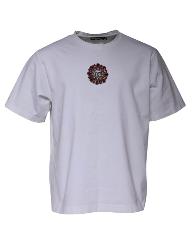 Dolce & Gabbana White Logo Embellished Crew Neck T-shirt - Hilstor
