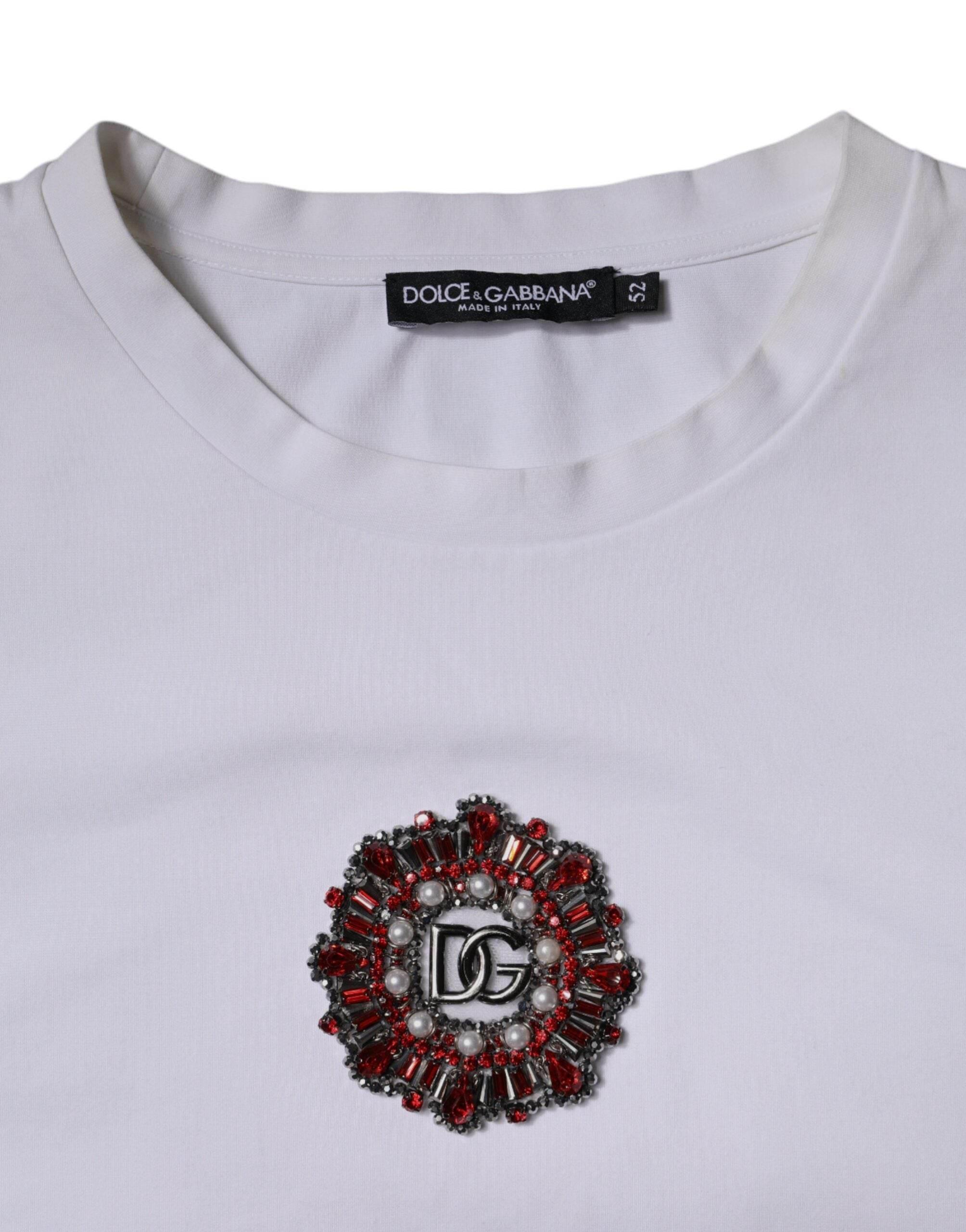 Dolce & Gabbana White Logo Embellished Crew Neck T-shirt - Hilstor