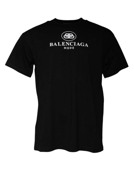 Balenciaga Black Cotton Logo Print Crew Neck Short Sleeves T-shirt - Hilstor