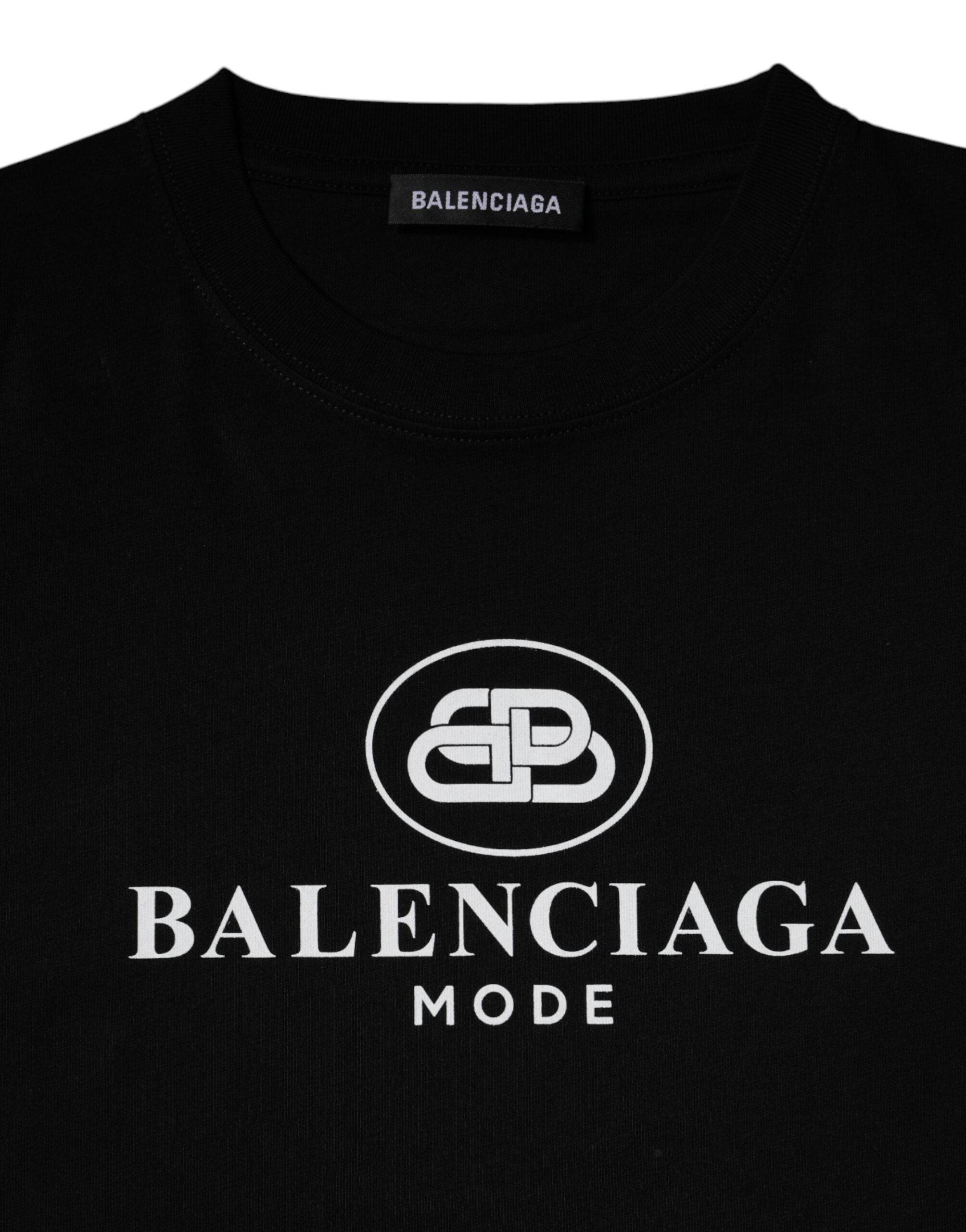 Balenciaga Black Cotton Logo Print Crew Neck Short Sleeves T-shirt - Hilstor
