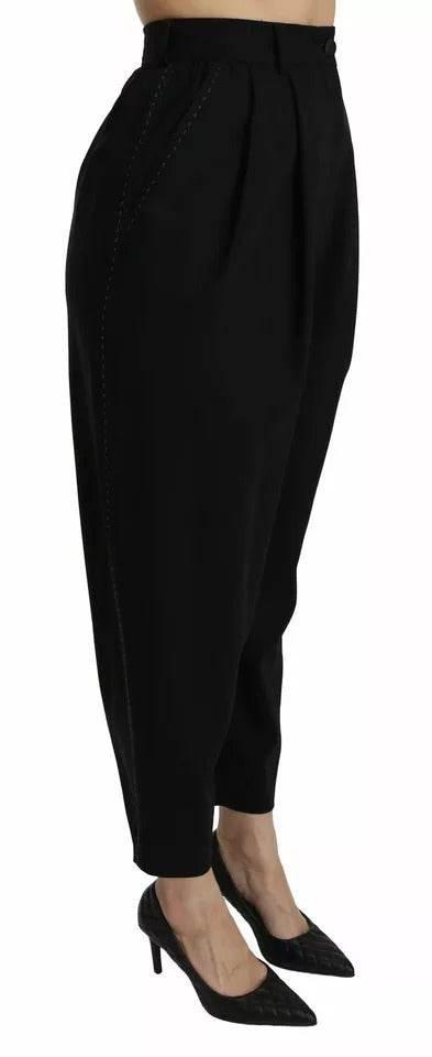 Dolce & Gabbana Black Wool High Waist Pleat Front Cropped Pants - Hilstor