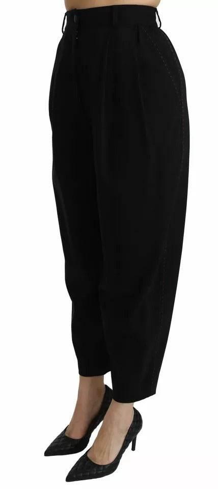 Dolce & Gabbana Black Wool High Waist Pleat Front Cropped Pants - Hilstor