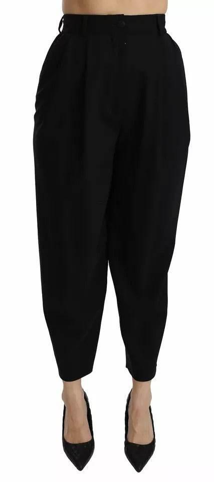 Dolce & Gabbana Black Wool High Waist Pleat Front Cropped Pants - Hilstor