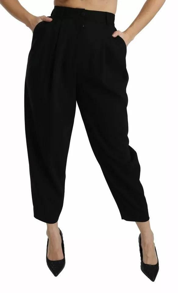 Dolce & Gabbana Black Wool High Waist Pleat Front Cropped Pants - Hilstor