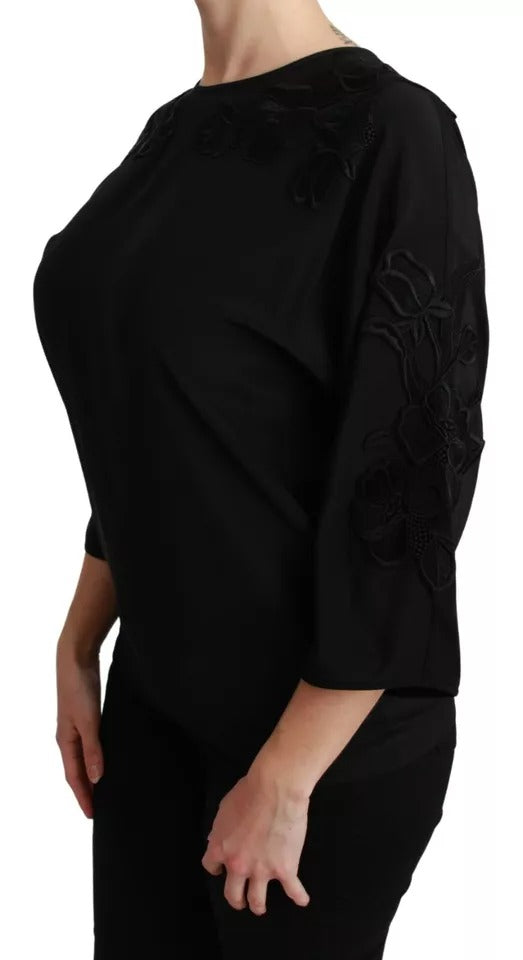 Dolce &amp; Gabbana Sort Blomsterbroderet Bluse Silke Top