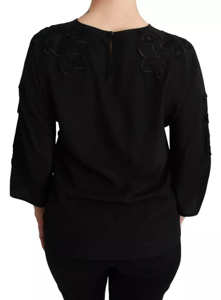 Dolce & Gabbana Black Floral Embroidered Blouse Silk Top - Hilstor