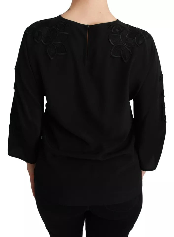 Dolce &amp; Gabbana Sort Blomsterbroderet Bluse Silke Top