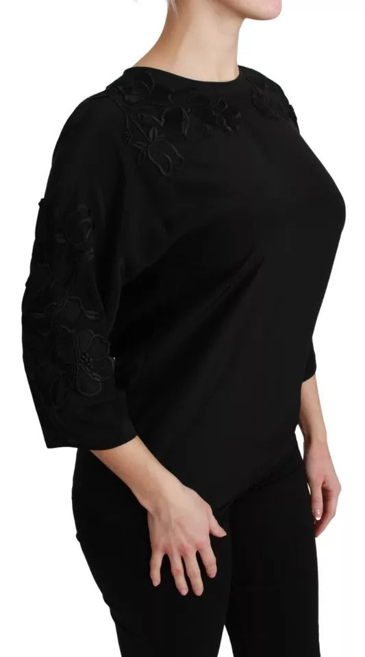 Dolce &amp; Gabbana Sort Blomsterbroderet Bluse Silke Top