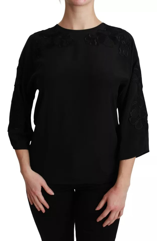 Dolce &amp; Gabbana Sort Blomsterbroderet Bluse Silke Top