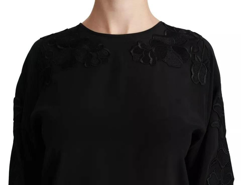 Dolce & Gabbana Black Floral Embroidered Blouse Silk Top - Hilstor