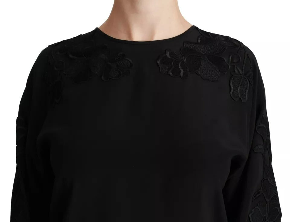 Dolce &amp; Gabbana Sort Blomsterbroderet Bluse Silke Top