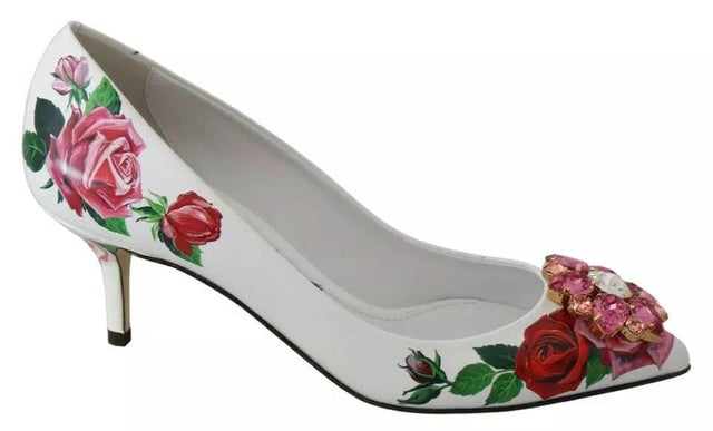 Dolce & Gabbana White Leather Roses Crystal Pumps Shoes - Hilstor