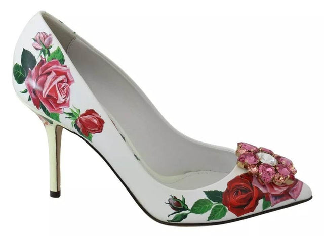 Dolce & Gabbana White Leather Roses Crystal Pumps Shoes - Hilstor