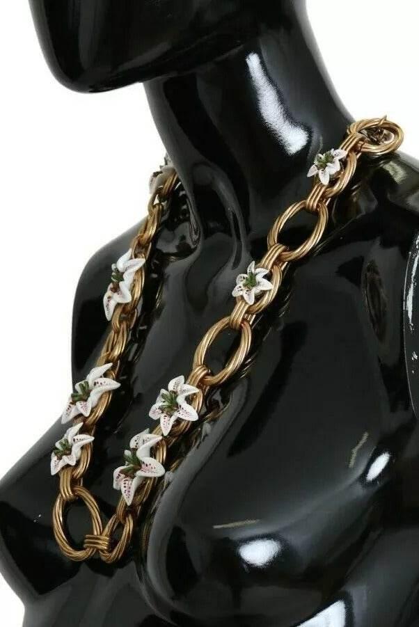 Dolce & Gabbana Gold Brass Oversize Chain LILY Flowers Necklace - Hilstor