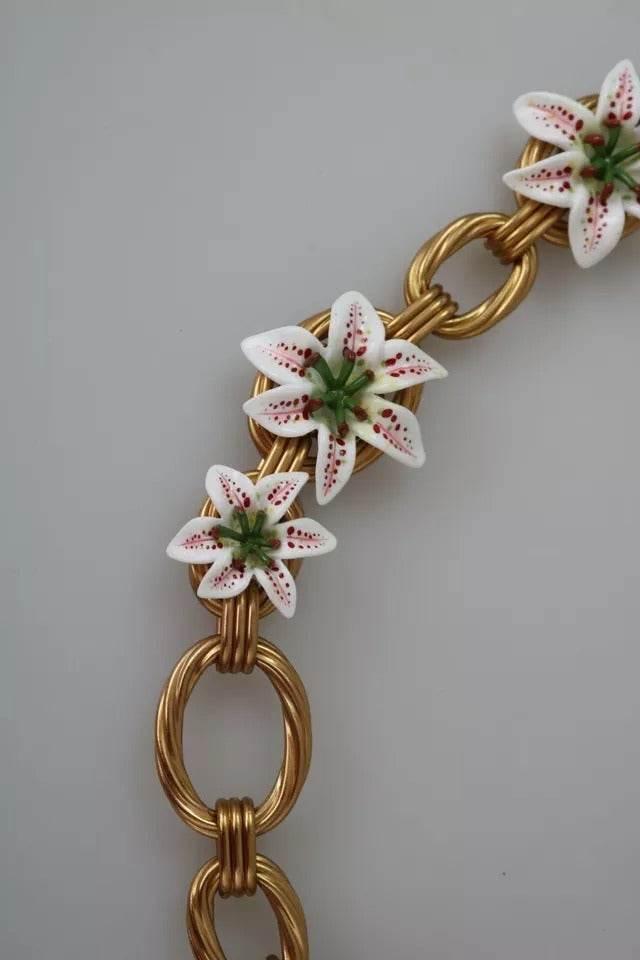 Dolce & Gabbana Gold Brass Oversize Chain LILY Flowers Necklace - Hilstor