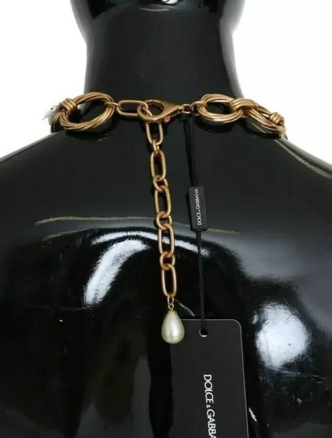 Dolce & Gabbana Gold Brass Oversize Chain LILY Flowers Necklace - Hilstor