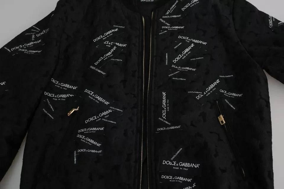 Dolce & Gabbana Black Logo Patch Brocade Bomber Full Zip Jacket - Hilstor