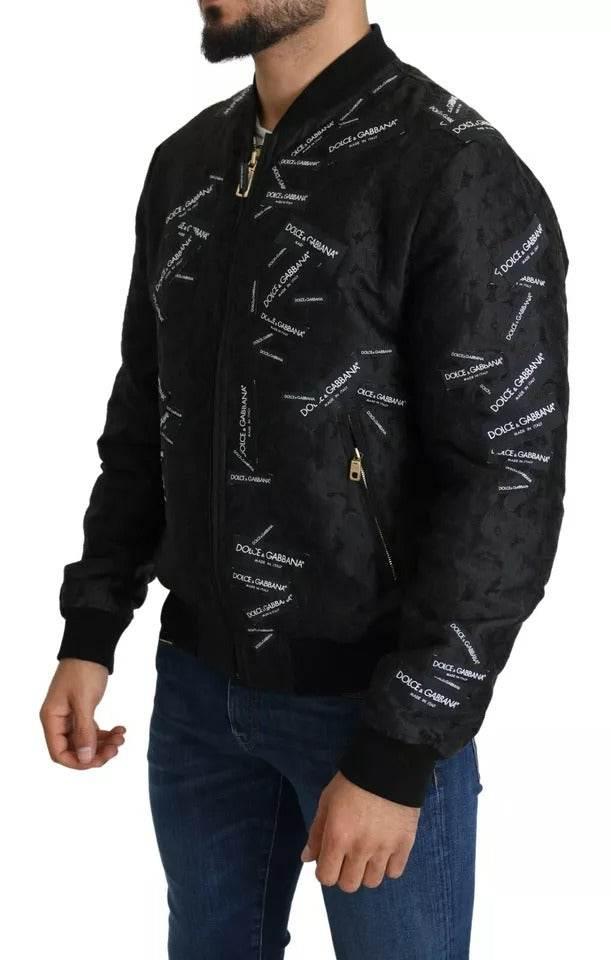 Dolce & Gabbana Black Logo Patch Brocade Bomber Full Zip Jacket - Hilstor
