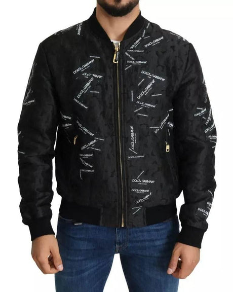 Dolce & Gabbana Black Logo Patch Brocade Bomber Full Zip Jacket - Hilstor