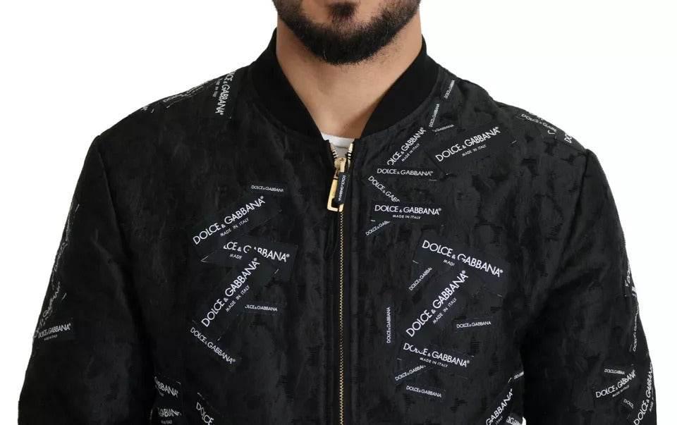 Dolce & Gabbana Black Logo Patch Brocade Bomber Full Zip Jacket - Hilstor