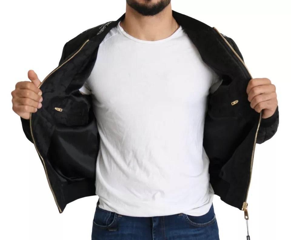 Dolce & Gabbana Black Logo Patch Brocade Bomber Full Zip Jacket - Hilstor