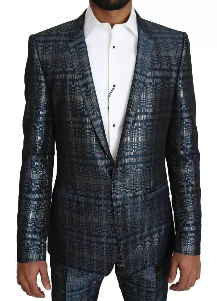 Dolce & Gabbana Blue Silver Shiny 2 Piece Slim GOLD Suit - Hilstor