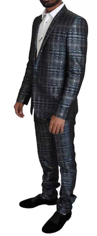 Dolce & Gabbana Blue Silver Shiny 2 Piece Slim GOLD Suit - Hilstor