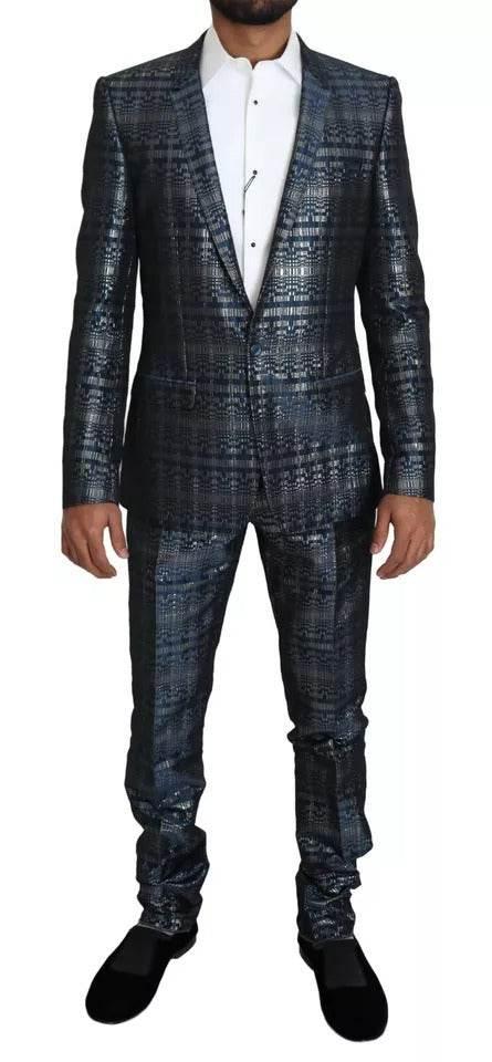 Dolce & Gabbana Blue Silver Shiny 2 Piece Slim GOLD Suit - Hilstor